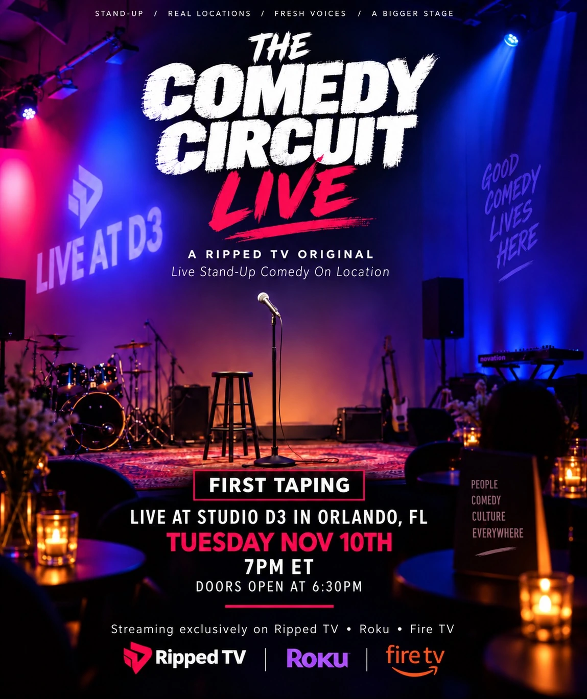 Official The Comedy Circuit LIVE first taping flyer, Tuesday November 10, 7 PM at Studio D3, Orlando, with doors opening at 6:30 PM