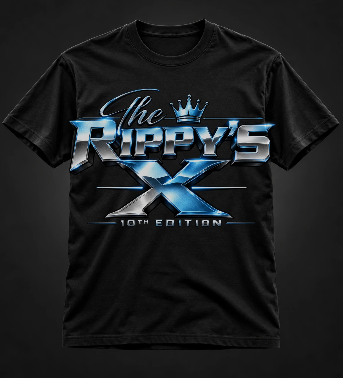 Official black Rippy’s X commemorative T-shirt with metallic silver and frost blue 10th Edition design on the front